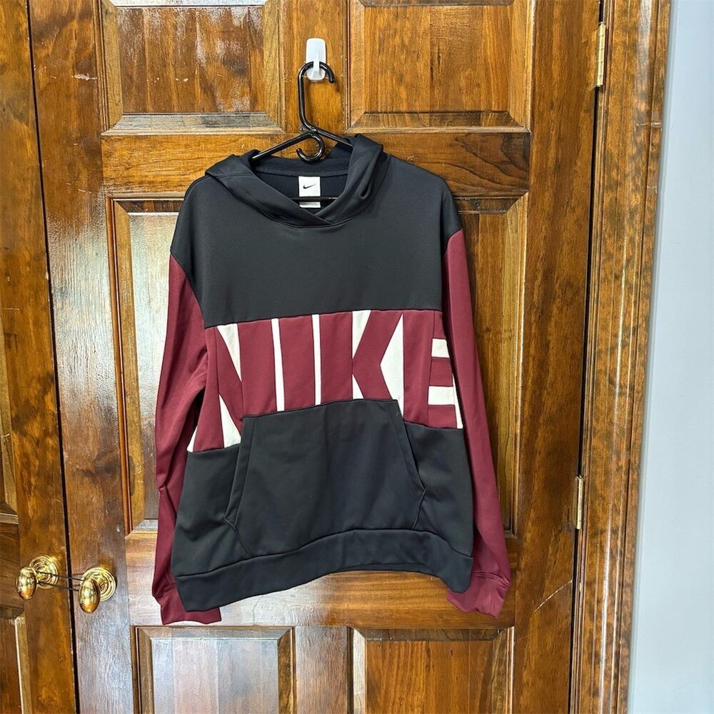 Nike Therma-FIT Hoodie Men's Size L Black Burgundy Pullover Big Logo